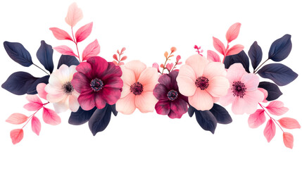 Floral composition with pink and burgundy anemones, cut out transparent