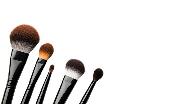 Collection of makeup brushes on black background, cut out transparent