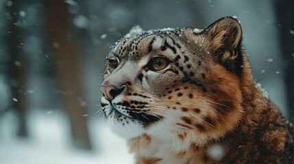 Obraz premium Snow Leopard, winter forest, snowfall, alert, wildlife