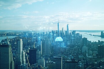 Manhattan skyline with digital network and cloud storage symbols.