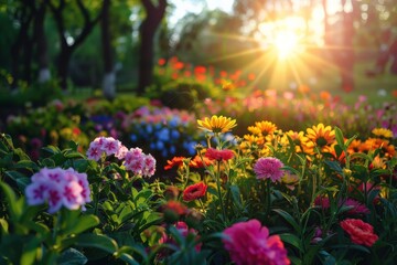 Obraz premium Vibrant flowers bloom in a sunlit garden during early morning hours near a peaceful park