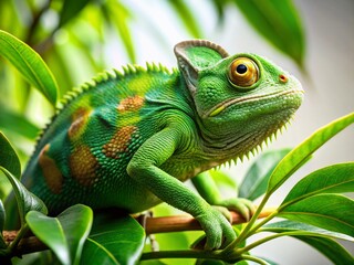 Vibrant Green Chameleon on Lush Tropical Foliage - Stock Photo
