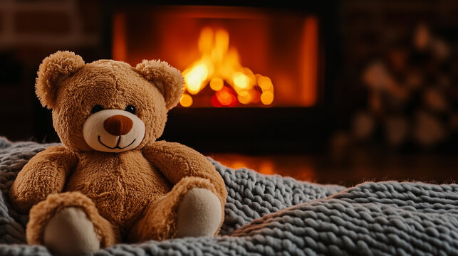 A plush teddy bear with a warm, fuzzy texture sits on a soft knitted blanket near a glowing fireplace, evoking childhood nostalgia and comfort