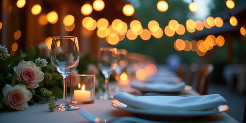 A beautifully set outdoor dining table adorned with elegant glassware, floral centerpieces, and soft candlelight, surrounded by warm, glowing string lights in a romantic atmosphere