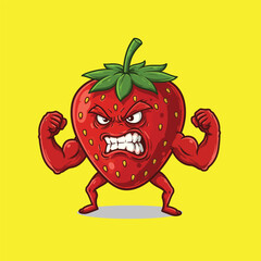 Angry Strawberry Cartoon Vector - Muscular Fruit Character with Gritted Teeth