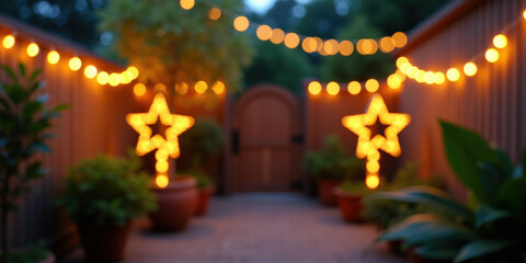 Fototapeta premium A charming outdoor path illuminated by warm, glowing star-shaped lights, surrounded by vibrant greenery in decorative pots, creating a festive and inviting atmosphere