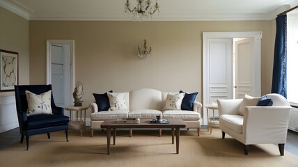 A cozy French provincial living room with a beige sofa, pink cushions, and wooden coffee table.