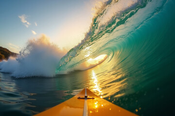 Ocean Sunset Wave and yellow surf, clear water in Tropical sea colorful background. AI