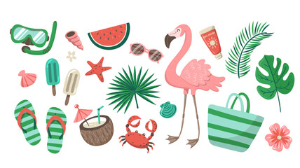 Cute hand-drawn summer and beach clipart set, perfect for decorating surfaces, prints, and crafting projects. A total of 20 items. Vector illustration.