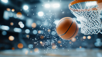 A close-up shot of an orange basketball hitting the white net, with its texture and black seams sharply detailed against a blurred arena