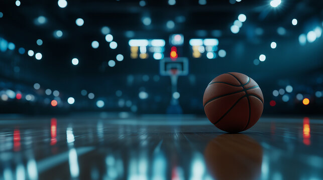 The satisfying moment when a basketball barely brushes the rim before dropping, with reflections of bright LED scoreboards in the polished hardwood below