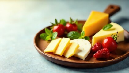 Elegant cheese plate, gourmet selection, pristine backdrop, delicious, plate, image