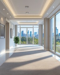 Fototapeta premium Bright Interior Hallway with Cityscape View Modern Design and Natural Light with White Walls and Beige Carpet