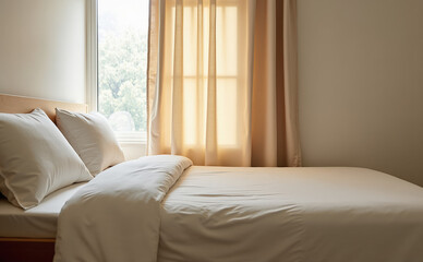 Fototapeta premium A cozy bedroom features a neatly made bed with soft, white linens and a warm, natural light streaming through the curtains, creating a serene and inviting atmosphere