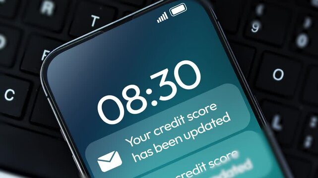 Credit score has been updated notification shows on the smartphone screen, 4k footage close up. Online banking, finance, credit score.