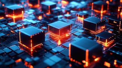 3d render. deep learning ai model concept glowing gpu chips cluster network neon server connection computing cubes background with blank space.
