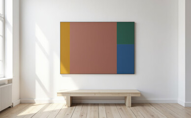Fototapeta premium A spacious gallery with a minimalist wooden bench facing a large abstract painting featuring bold color blocks in brown, green, yellow, and blue against a white wall