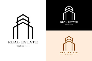 simple house roof skyscraper design bold line, vector logo for apartment, roofing service, house, home, house for sale, construction, builder, tower, flat, landmark, real estate, and more