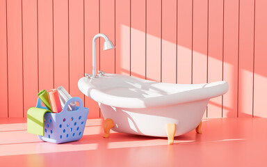Cartoon bathroom model with bathtub, 3d rendering.