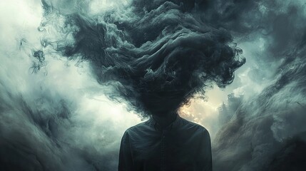 A person with a smoky, abstract head in a dark, atmospheric setting, embodying a surreal concept of thought.
