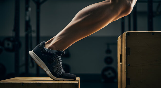 Ascending Step: Muscular Leg on Box, Workout in Dark Gym Setting, Athletic Training.