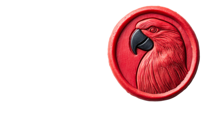 Round red parrot emblem with black beak, side view, cut out transparent