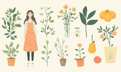 Plants and girl hand-drawn vector set. Botanical set with flowers, fruit,  flowers and green thumb girl, vector illustration.