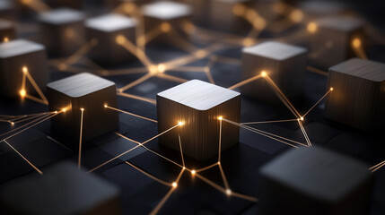 A carefully designed, high-detail image featuring wooden cubes forming a network structure, with neon-glowing connection lines to symbolize digital transformation in teamwork