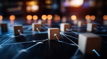 A visually engaging scene with wooden blocks in a web-like formation, each connected with painted arrows, representing the power of collaboration and strategic partnerships