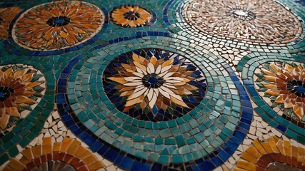 Skilled artisan meticulously arranges small, irregularly shaped tiles to create vibrant mosaic. Tiles form intricate flowers with detailed petals, centers, showcasing artistry, craftsmanship. Blue.
