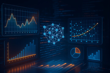 futuristic data visualization interface with glowing charts graphs and neural network nodes representing analytics performance metrics artificial intelligence and big data processing