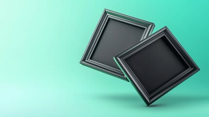 Fototapeta premium Two framed canvases float over a light green surface, catching the light