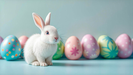 Festive Easter Scene with White Rabbit and Decorated Eggs on Light Blue Background