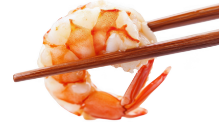 Close up of shrimp nigiri sushi being held with wooden chopsticks on a black background studio shot