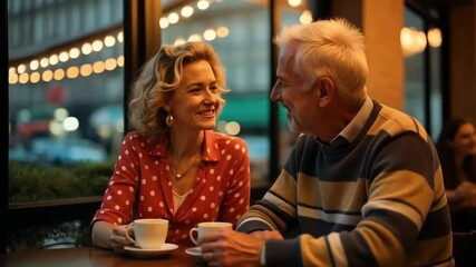 An elderly couple enjoy a romantic dinner for two for a celebration, valentines day or event