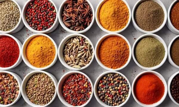 Colorful spice collection red pepper flakes, paprika, star anise, curry, and more, in white bowls on a gray surface