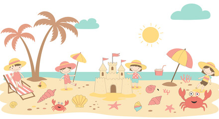 Obraz premium Cute Summer Beach Day Flat Doodle Vector