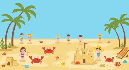 Obraz premium Cute Summer Beach Day Flat Doodle Vector