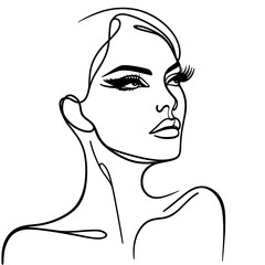 Line drawing portrait of a fashionable woman intense looking up with makeup against a white background
