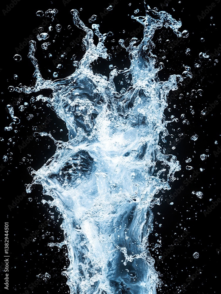 Poster dynamic water splash on black background creating abstract shapes and patterns with refreshing and p