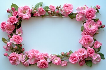 Beautiful pink roses and buds creating a rectangular frame on a light blue background, perfect for romantic occasions