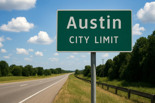 City limit sign welcoming visitors to Austin, Texas, United States, along a highway with clear skies and green landscape. Austin road sign