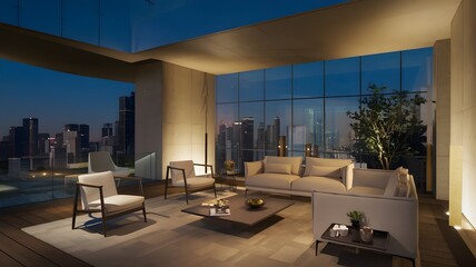 A spacious Sky Castle living room with high ceilings, modern furniture, and panoramic views.