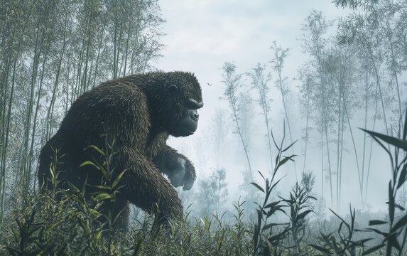 A massive Gigantopithecus carefully navigates the dense, tangled bamboo thicket, its powerful form blending into the misty, verdant surroundings