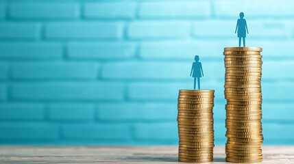 A symbolic infographic-style image showing average income differences between men and women, represented through bar graphs made of stacked gold coins