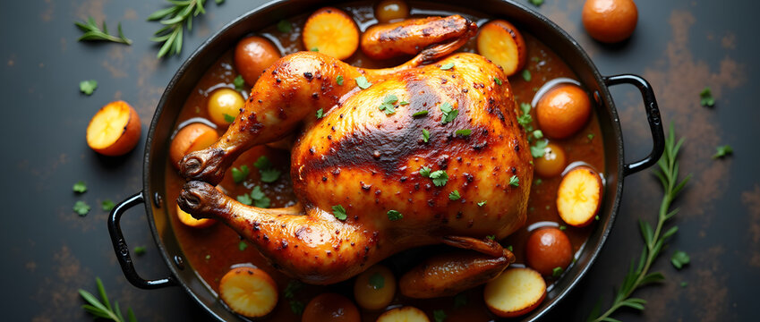 Vu de dessus d'un poulet r&ocirc;ti aux pommes de terre cuites en sauce  