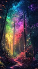 Magical rainbow forest path, enchanting night scene © Kurmojowo