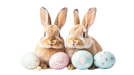 Easter rabbits with painted eggs, isolated on black, cut out transparent