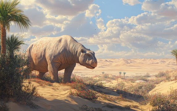 A towering Paraceratherium lowers its massive head to drink from the tranquil, reflection-filled waterhole in the desert oasis, its weathered, armored form a striking contrast against the peaceful