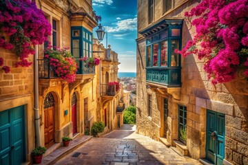 Obraz premium Vintage Malta: Sun-Drenched Streets & Azure Seas - Stock Photo